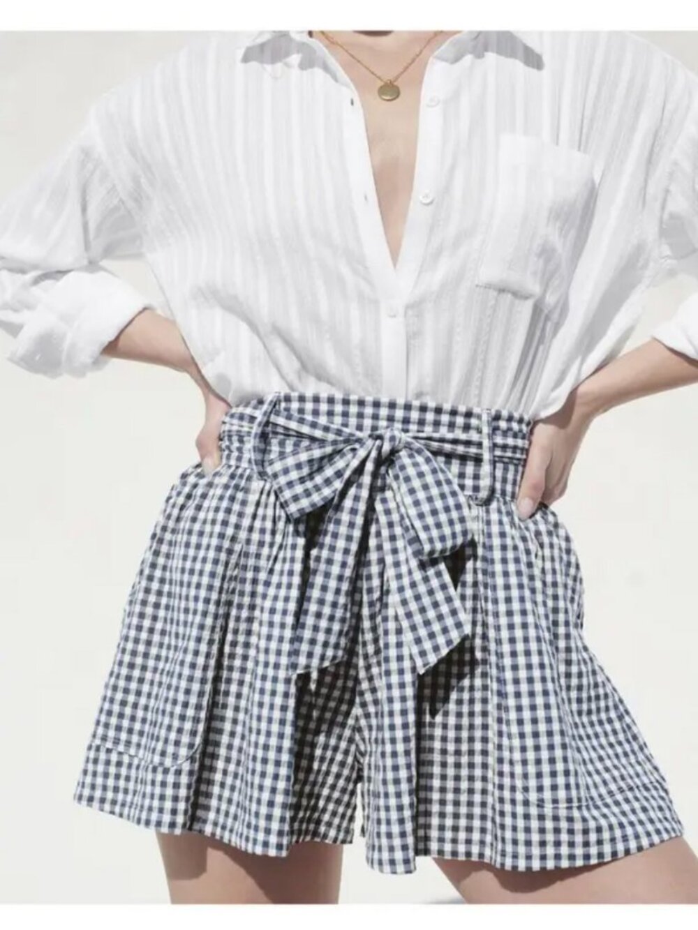 Splendid Gabrielle Navy & White Gingham Paperbag Shorts NWT Large